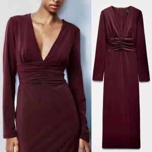 Zara NWT burgundy v neck long sleeve midi dress with ruched draped detail